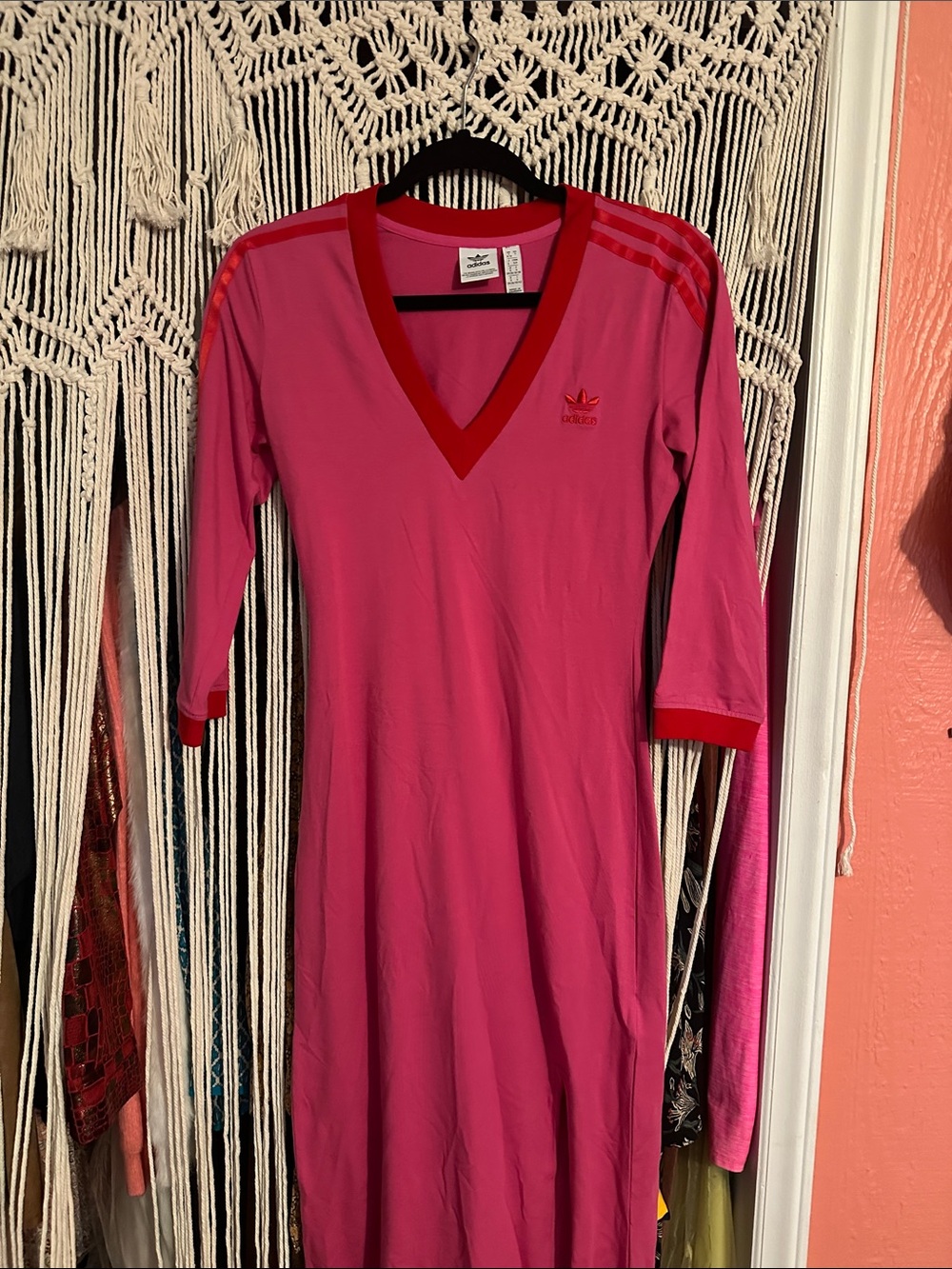 adidas Pink V-Neck Long Sleeve Midi Dress with Red Trim
